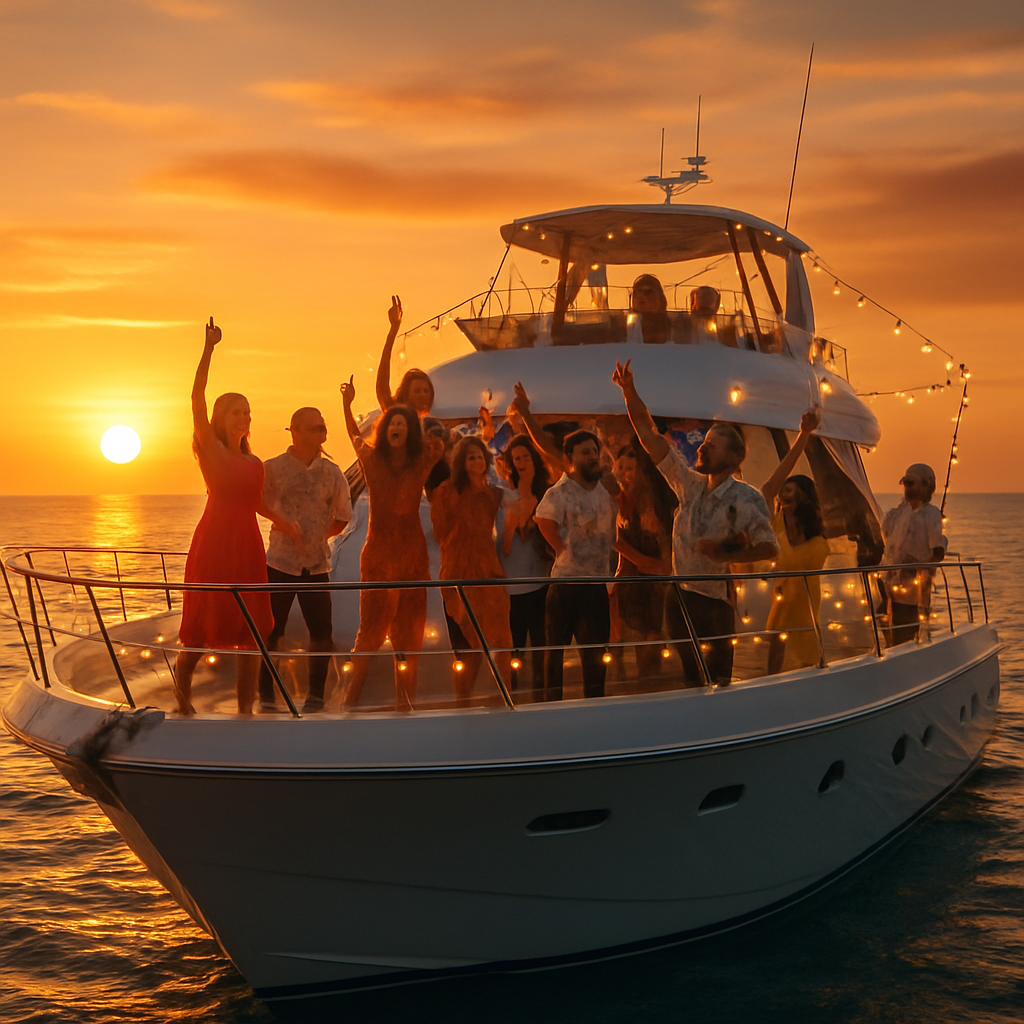 A party celebrating on a boat at sunset