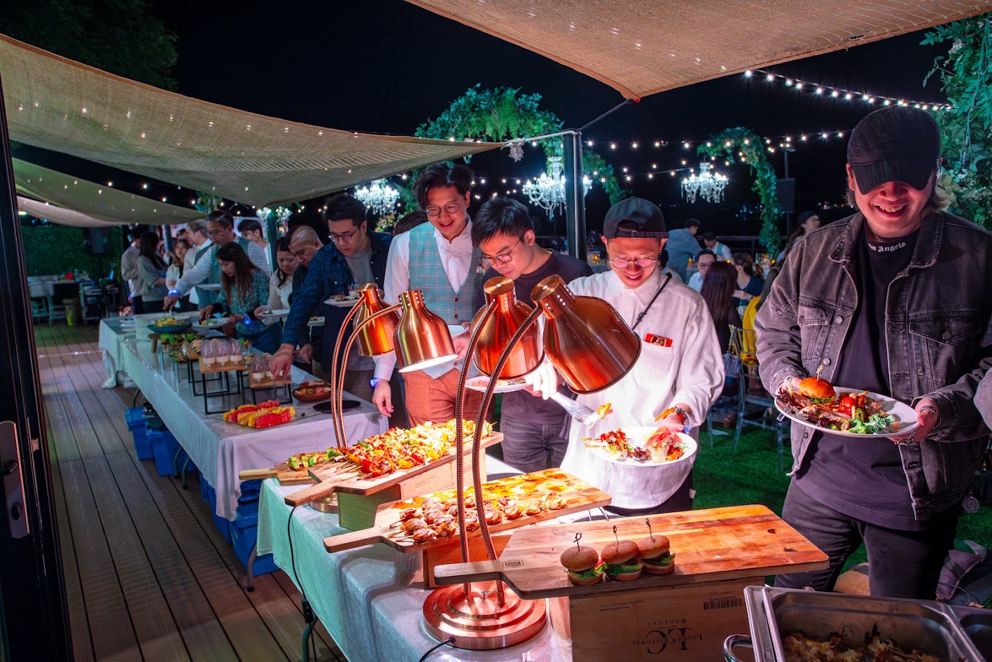 Evening catering and reception setup at a Goofy Waves wedding